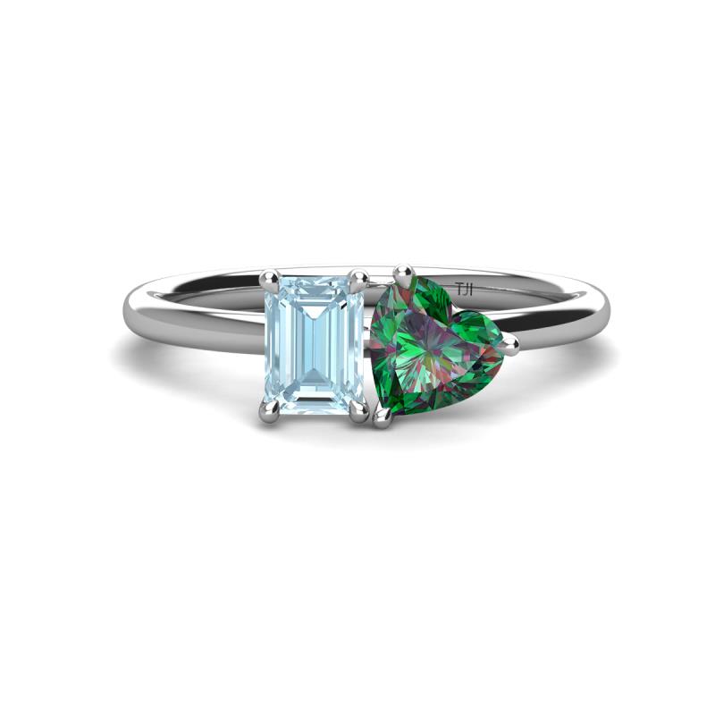 Esther Emerald Shape Aquamarine & Heart Shape Lab Created Alexandrite 2 Stone Duo Ring 