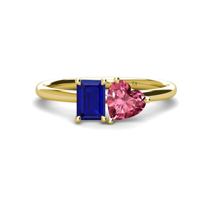 Esther Emerald Shape Lab Created Blue Sapphire & Heart Shape Pink Tourmaline 2 Stone Duo Ring 