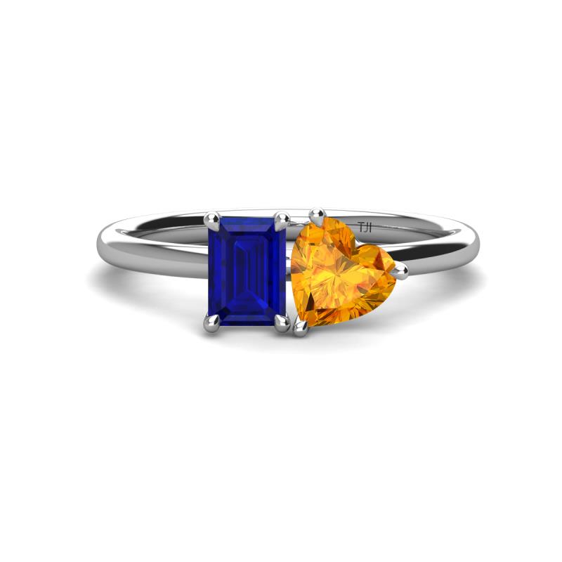 Esther Emerald Shape Lab Created Blue Sapphire & Heart Shape Citrine 2 Stone Duo Ring 