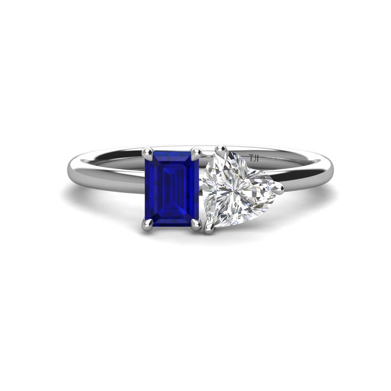 Esther IGI Certified Heart Shape Lab Grown Diamond & Emerald Shape Lab Created Blue Sapphire 2 Stone Duo Ring 