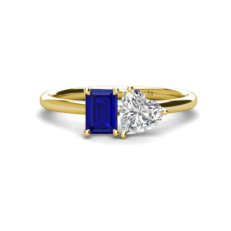 Esther Emerald Shape Lab Created Blue Sapphire & Heart Shape Forever One Moissanite 2 Stone Duo Ring 
