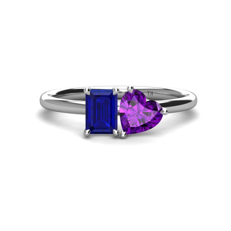 Esther Emerald Shape Lab Created Blue Sapphire & Heart Shape Amethyst 2 Stone Duo Ring 