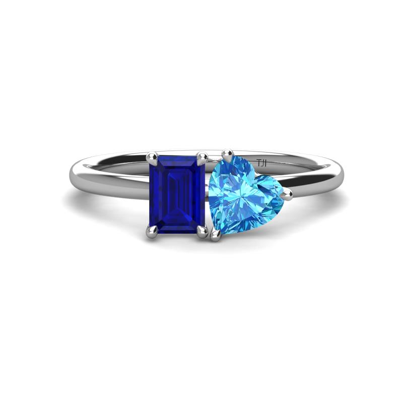Esther Emerald Shape Lab Created Blue Sapphire & Heart Shape Blue Topaz 2 Stone Duo Ring 