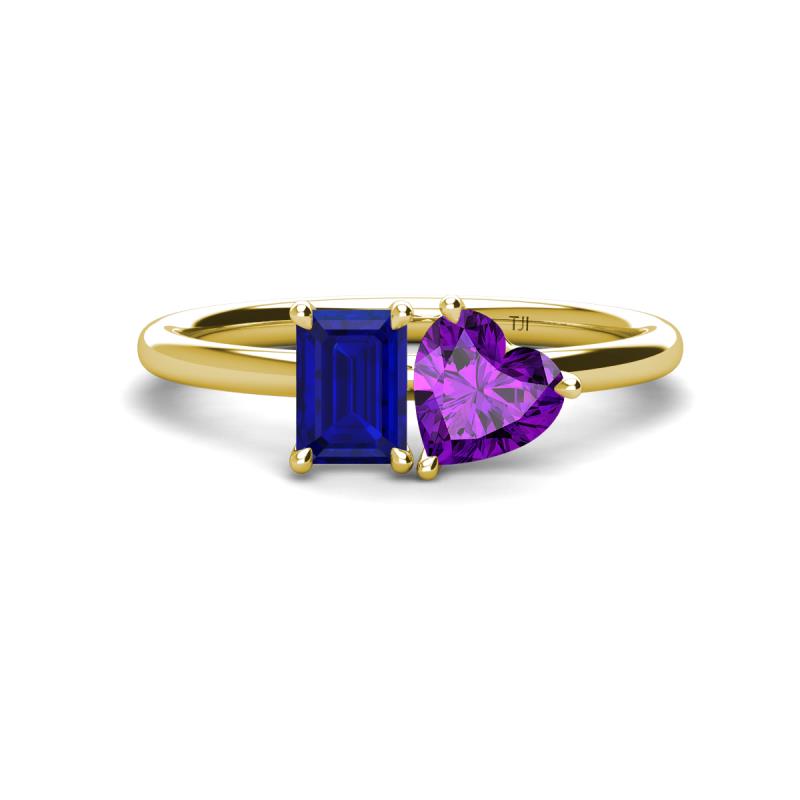 Esther Emerald Shape Lab Created Blue Sapphire & Heart Shape Amethyst 2 Stone Duo Ring 