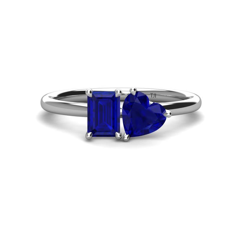 Esther Emerald Shape Lab Created Blue Sapphire & Heart Shape Lab Created Blue Sapphire 2 Stone Duo Ring 