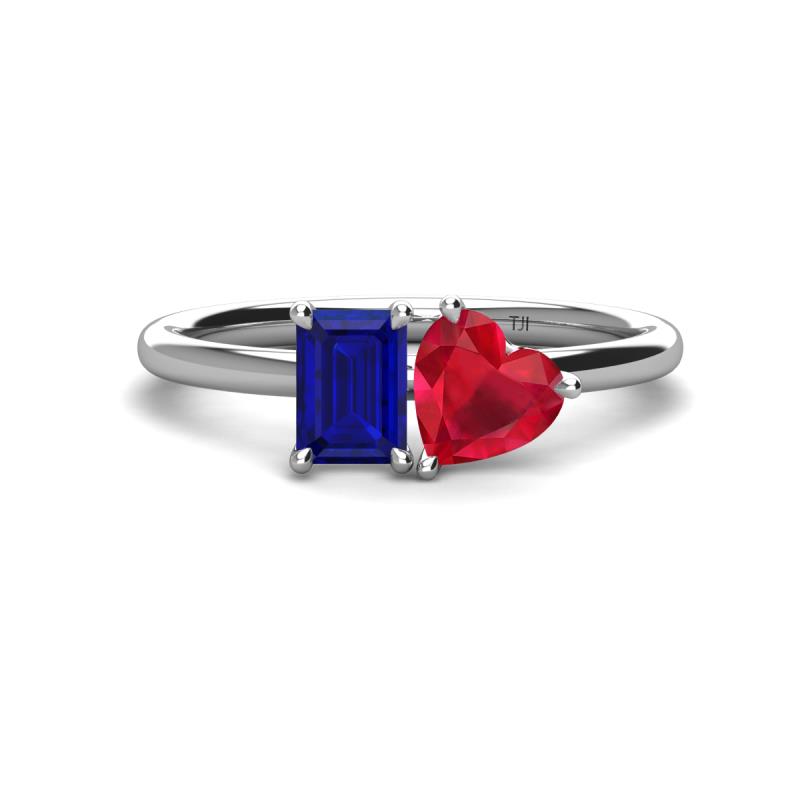 Esther Emerald Shape Lab Created Blue Sapphire & Heart Shape Lab Created Ruby 2 Stone Duo Ring 