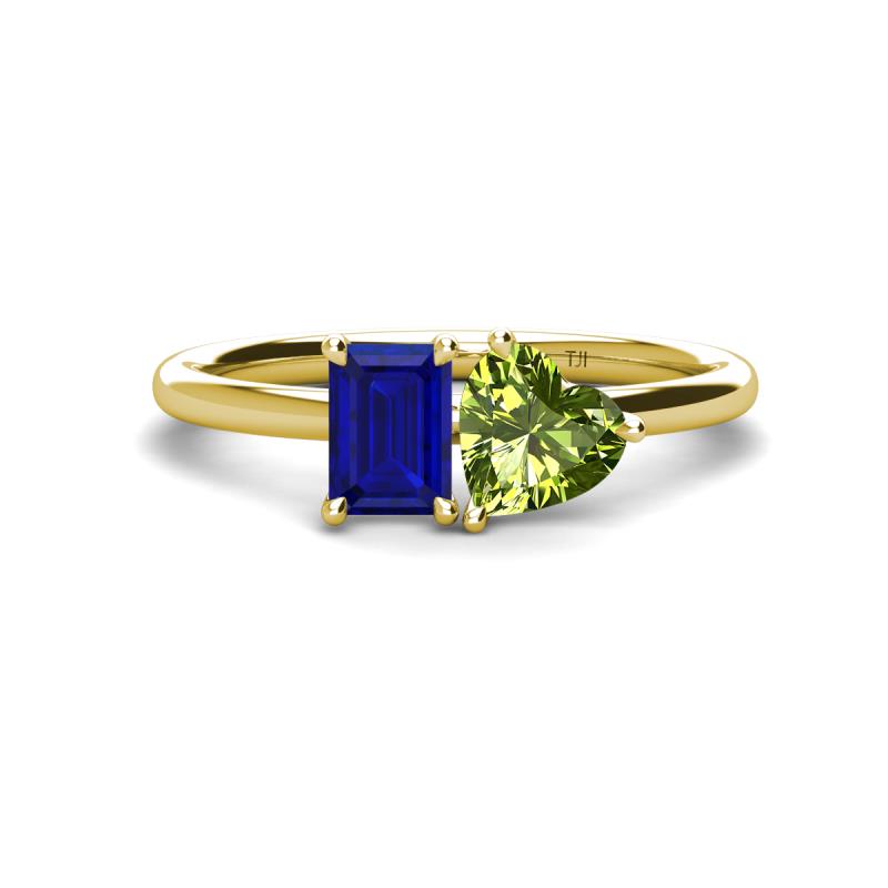 Esther Emerald Shape Lab Created Blue Sapphire & Heart Shape Peridot 2 Stone Duo Ring 