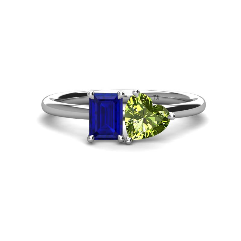 Esther Emerald Shape Lab Created Blue Sapphire & Heart Shape Peridot 2 Stone Duo Ring 