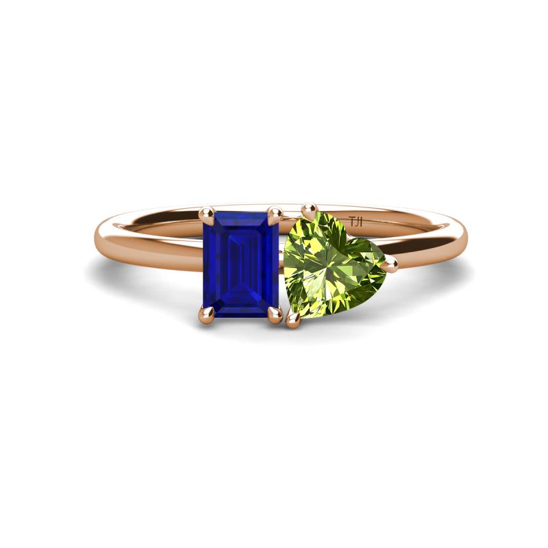 Esther Emerald Shape Lab Created Blue Sapphire & Heart Shape Peridot 2 Stone Duo Ring 