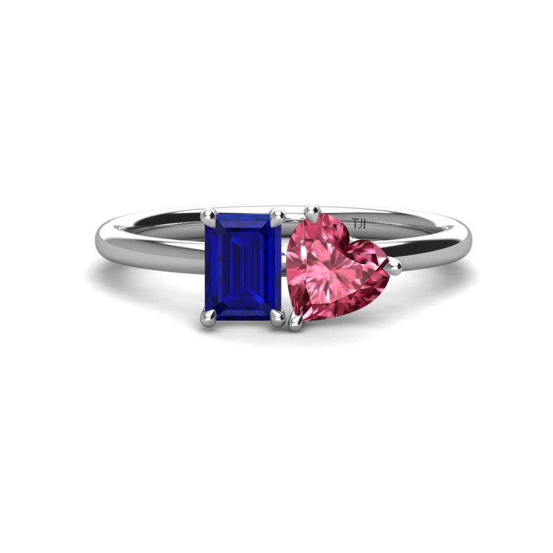 Esther Emerald Shape Lab Created Blue Sapphire & Heart Shape Pink Tourmaline 2 Stone Duo Ring 