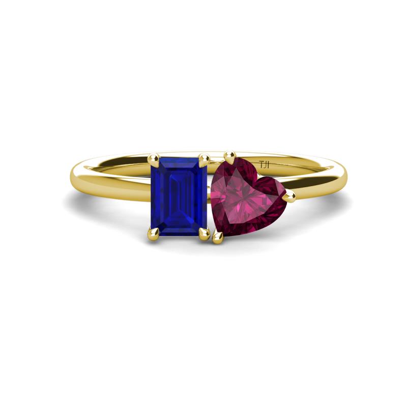 Esther Emerald Shape Lab Created Blue Sapphire & Heart Shape Rhodolite Garnet 2 Stone Duo Ring 