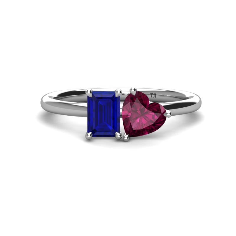 Esther Emerald Shape Lab Created Blue Sapphire & Heart Shape Rhodolite Garnet 2 Stone Duo Ring 