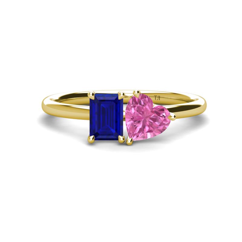 Esther Emerald Shape Lab Created Blue Sapphire & Heart Shape Pink Sapphire 2 Stone Duo Ring 