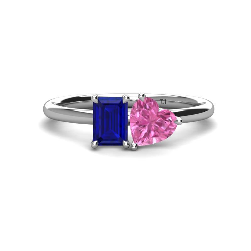 Esther Emerald Shape Lab Created Blue Sapphire & Heart Shape Pink Sapphire 2 Stone Duo Ring 