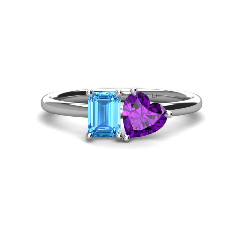 Esther Emerald Shape Blue Topaz & Heart Shape Amethyst 2 Stone Duo Ring 