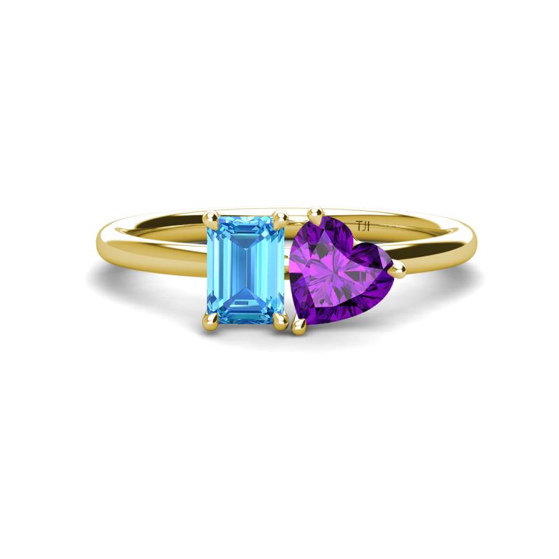 Esther Emerald Shape Blue Topaz & Heart Shape Amethyst 2 Stone Duo Ring 