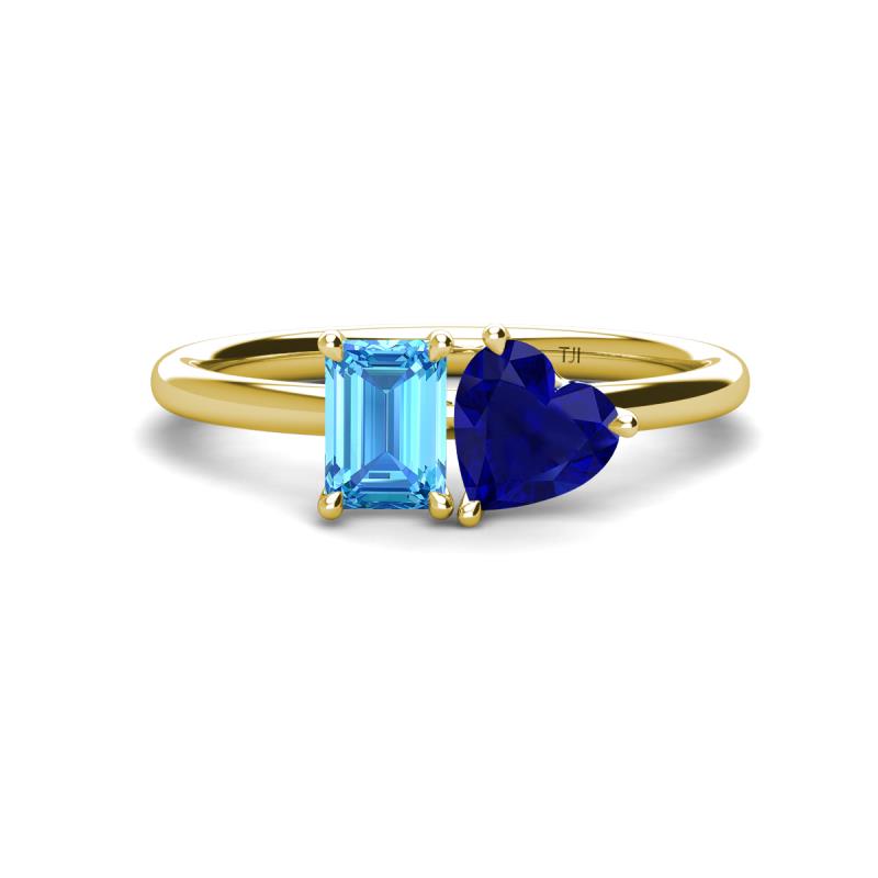 Esther Emerald Shape Blue Topaz & Heart Shape Lab Created Blue Sapphire 2 Stone Duo Ring 