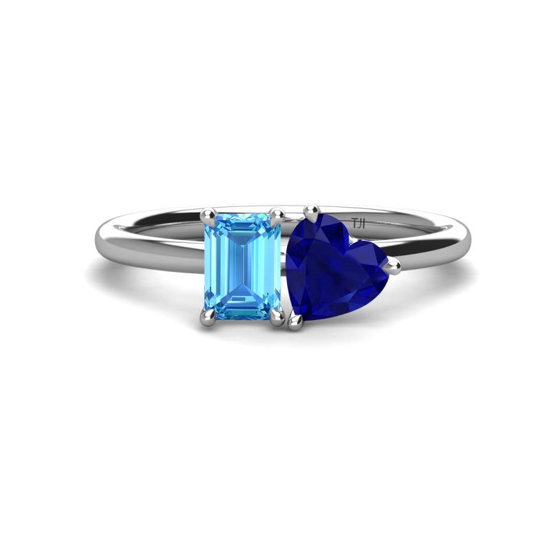 Esther Emerald Shape Blue Topaz & Heart Shape Lab Created Blue Sapphire 2 Stone Duo Ring 
