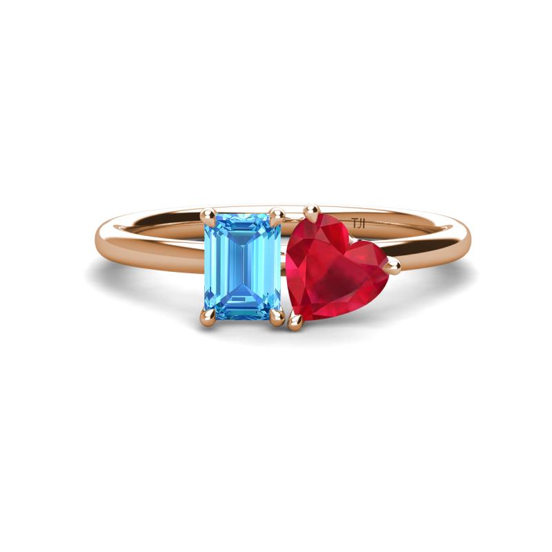 Esther Emerald Shape Blue Topaz & Heart Shape Lab Created Ruby 2 Stone Duo Ring 