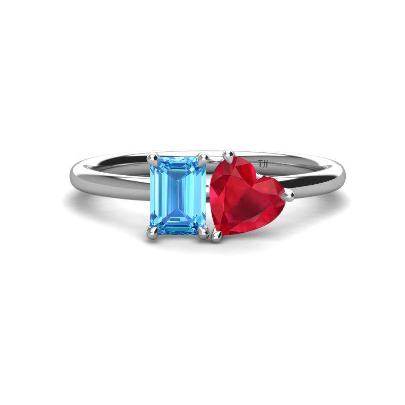 Esther Emerald Shape Blue Topaz & Heart Shape Lab Created Ruby 2 Stone Duo Ring 