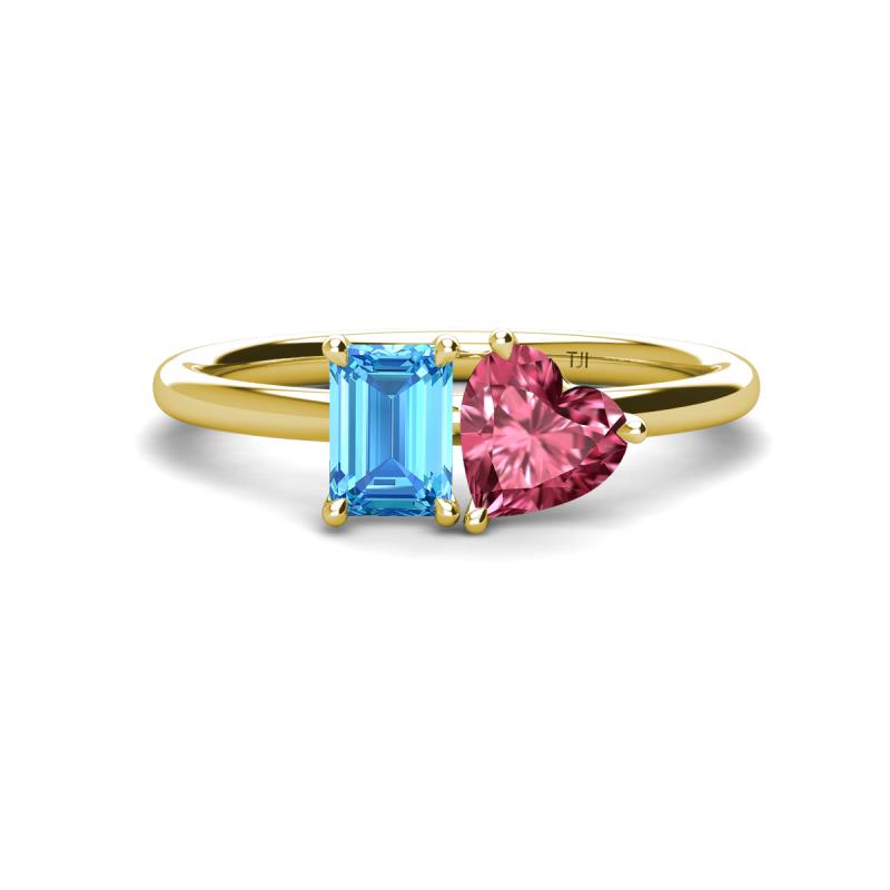 Esther Emerald Shape Blue Topaz & Heart Shape Pink Tourmaline 2 Stone Duo Ring 