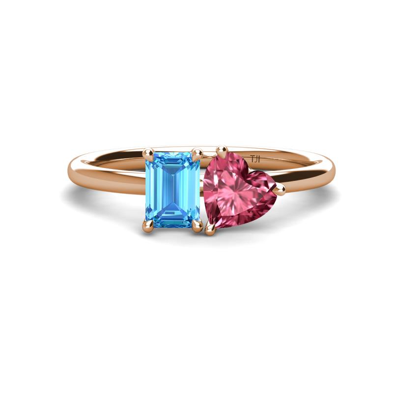 Esther Emerald Shape Blue Topaz & Heart Shape Pink Tourmaline 2 Stone Duo Ring 