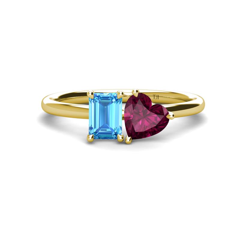 Esther Emerald Shape Blue Topaz & Heart Shape Rhodolite Garnet 2 Stone Duo Ring 