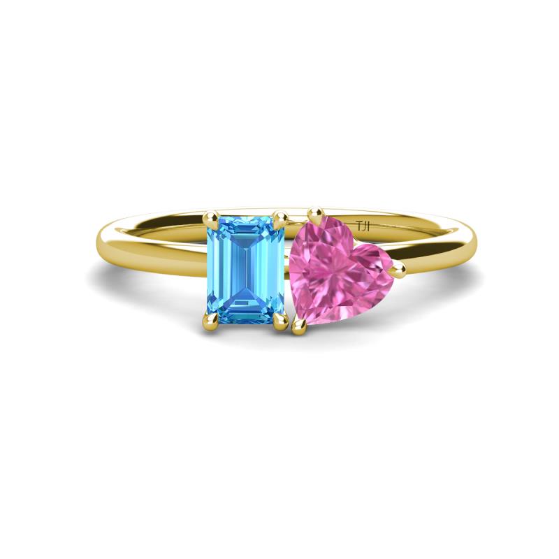 Esther Emerald Shape Blue Topaz & Heart Shape Pink Sapphire 2 Stone Duo Ring 