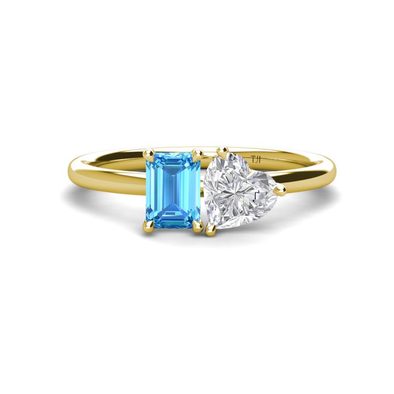 Esther Emerald Shape Blue Topaz & Heart Shape White Sapphire 2 Stone Duo Ring 