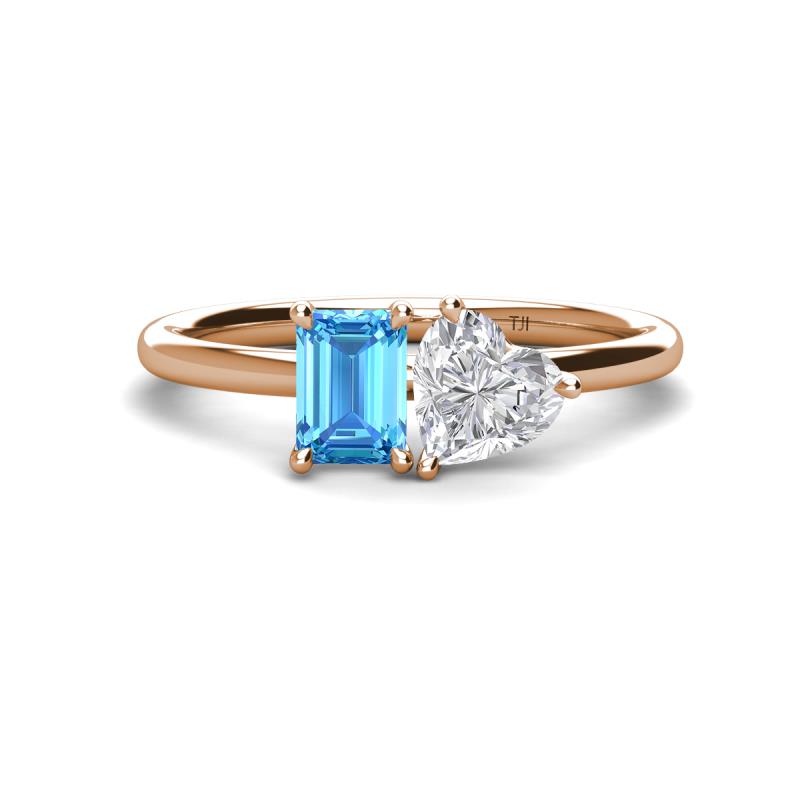 Esther Emerald Shape Blue Topaz & Heart Shape White Sapphire 2 Stone Duo Ring 