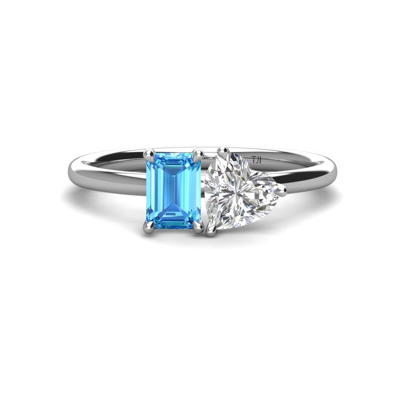 Esther Emerald Shape Blue Topaz & Heart Shape Forever Brilliant Moissanite 2 Stone Duo Ring 