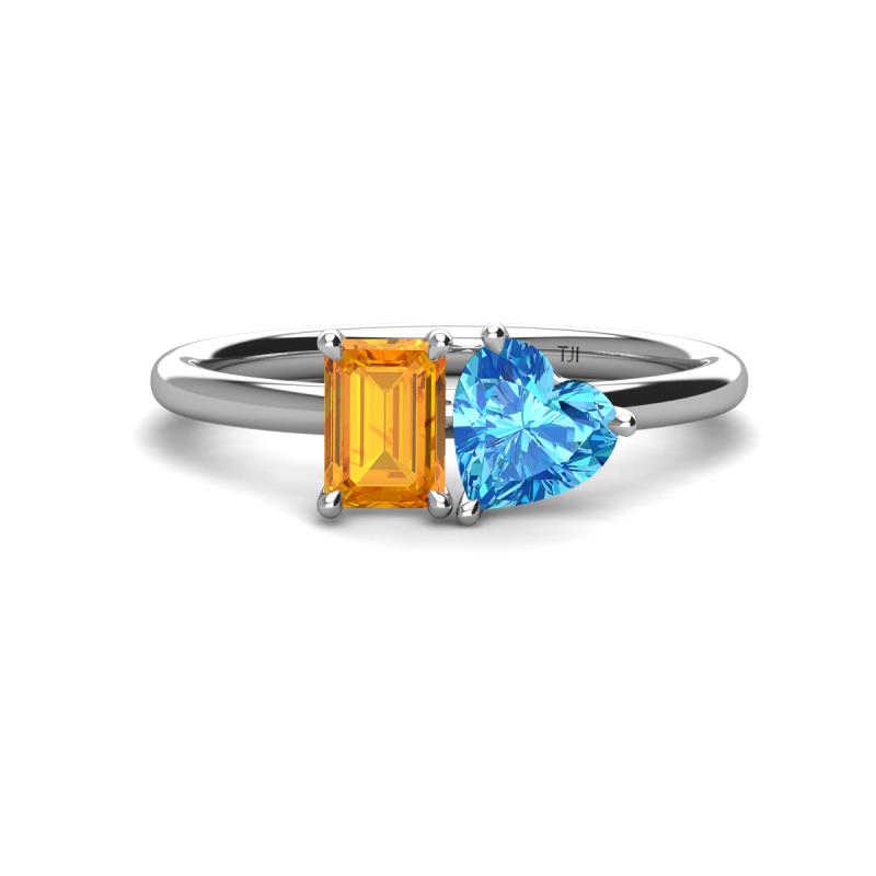 Esther Emerald Shape Citrine & Heart Shape Blue Topaz 2 Stone Duo Ring 