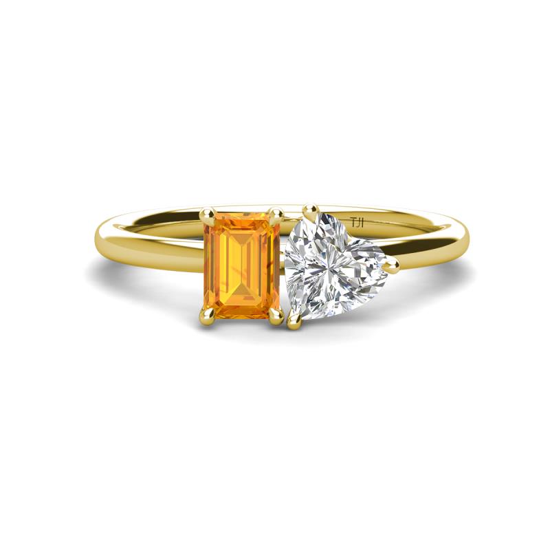 Esther Emerald Shape Citrine & Heart Shape Forever Brilliant Moissanite 2 Stone Duo Ring 