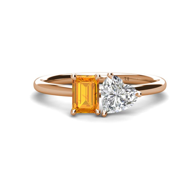 Esther Emerald Shape Citrine & Heart Shape Forever Brilliant Moissanite 2 Stone Duo Ring 