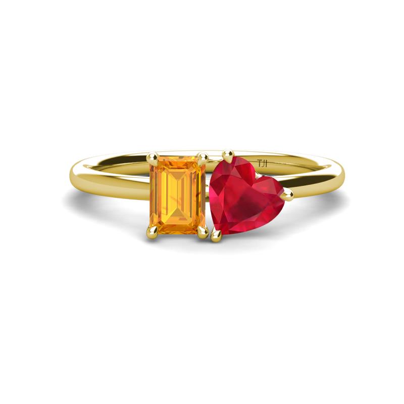 Esther Emerald Shape Citrine & Heart Shape Lab Created Ruby 2 Stone Duo Ring 