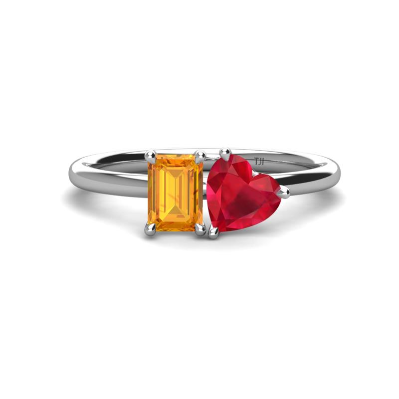 Esther Emerald Shape Citrine & Heart Shape Lab Created Ruby 2 Stone Duo Ring 