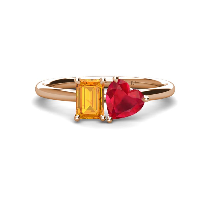 Esther Emerald Shape Citrine & Heart Shape Lab Created Ruby 2 Stone Duo Ring 