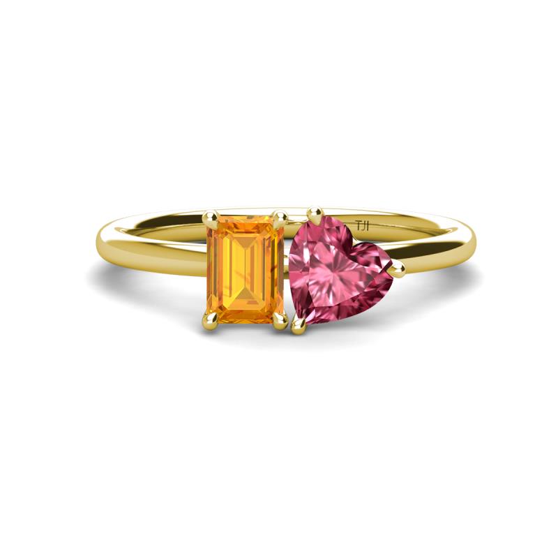 Esther Emerald Shape Citrine & Heart Shape Pink Tourmaline 2 Stone Duo Ring 