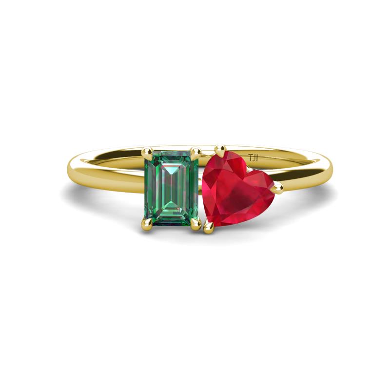 Esther Emerald & Heart Shape Created Alexandrite & Created Ruby 2 Stone Duo Ring 