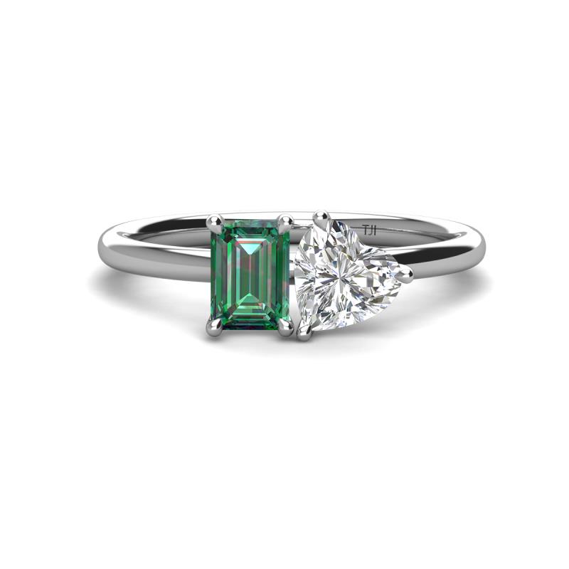 Esther Emerald Shape Lab Created Alexandrite & Heart Shape Forever One Moissanite 2 Stone Duo Ring 