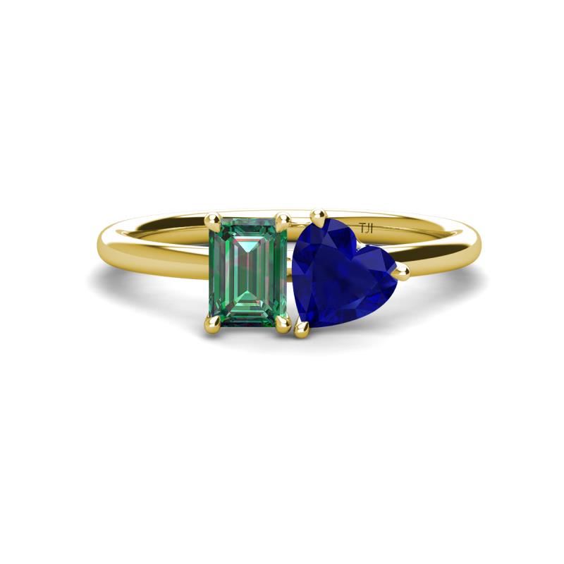 Esther Emerald & Heart Shape Created Alexandrite & Created Blue Sapphire 2 Stone Duo Ring 