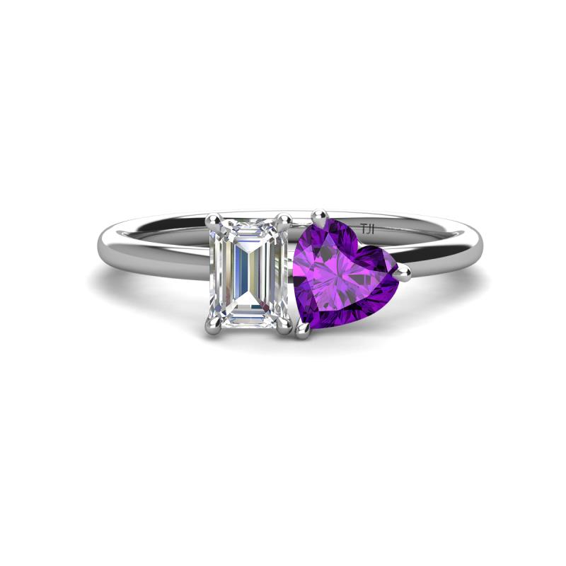 Esther GIA Certified Emerald Shape Diamond & Heart Shape Amethyst 2 Stone Duo Ring 