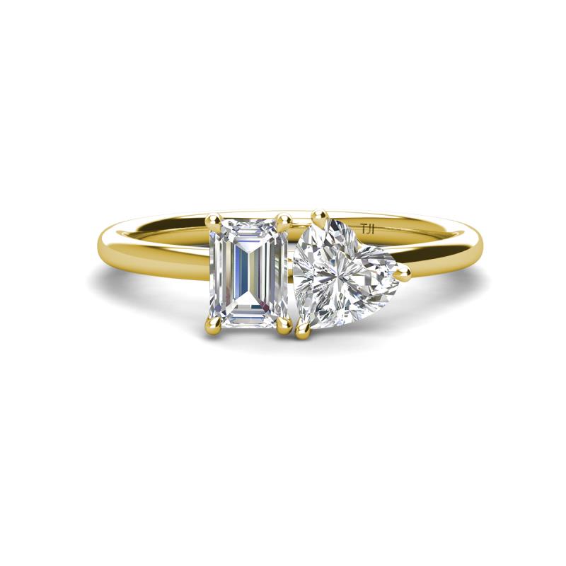 Esther GIA Certified Emerald Shape Diamond & Heart Shape Forever Brilliant Moissanite 2 Stone Duo Ring 