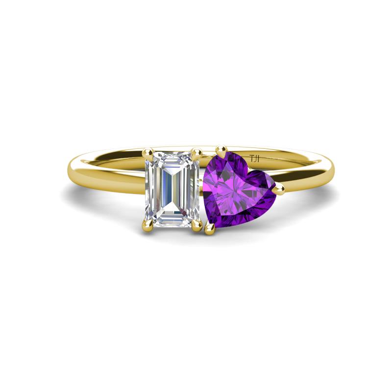 Esther GIA Certified Emerald Shape Diamond & Heart Shape Amethyst 2 Stone Duo Ring 