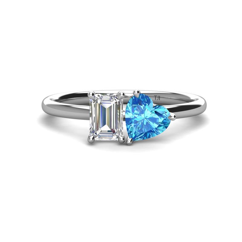 Esther GIA Certified Emerald Shape Diamond & Heart Shape Blue Topaz 2 Stone Duo Ring 