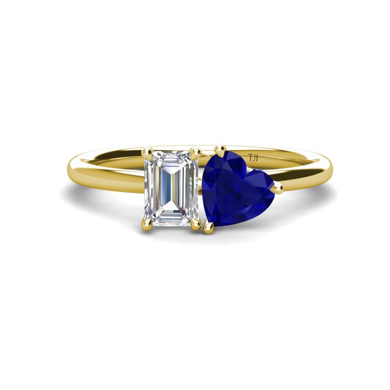 Esther GIA Certified Emerald Shape Diamond & Heart Shape Lab Created Blue Sapphire 2 Stone Duo Ring 
