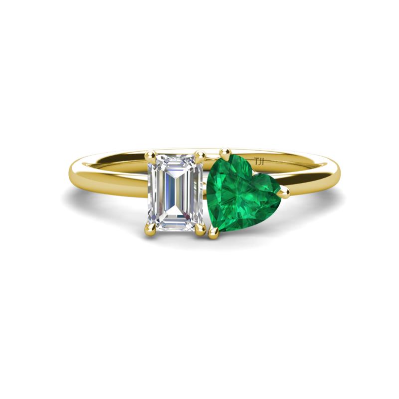 Esther GIA Certified Emerald Shape Diamond & Heart Shape Lab Created Emerald 2 Stone Duo Ring 