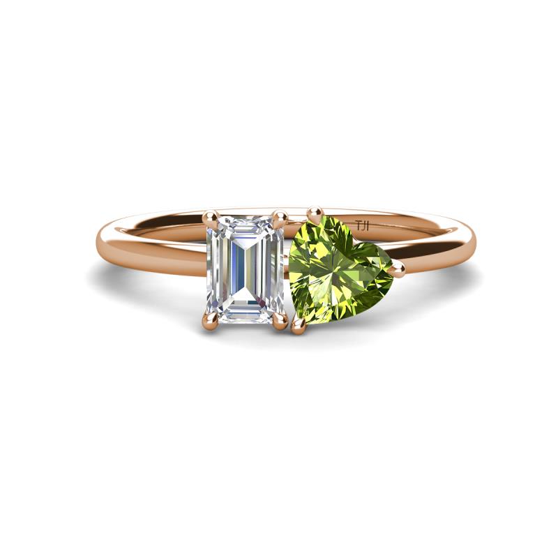 Esther GIA Certified Emerald Shape Diamond & Heart Shape Peridot 2 Stone Duo Ring 