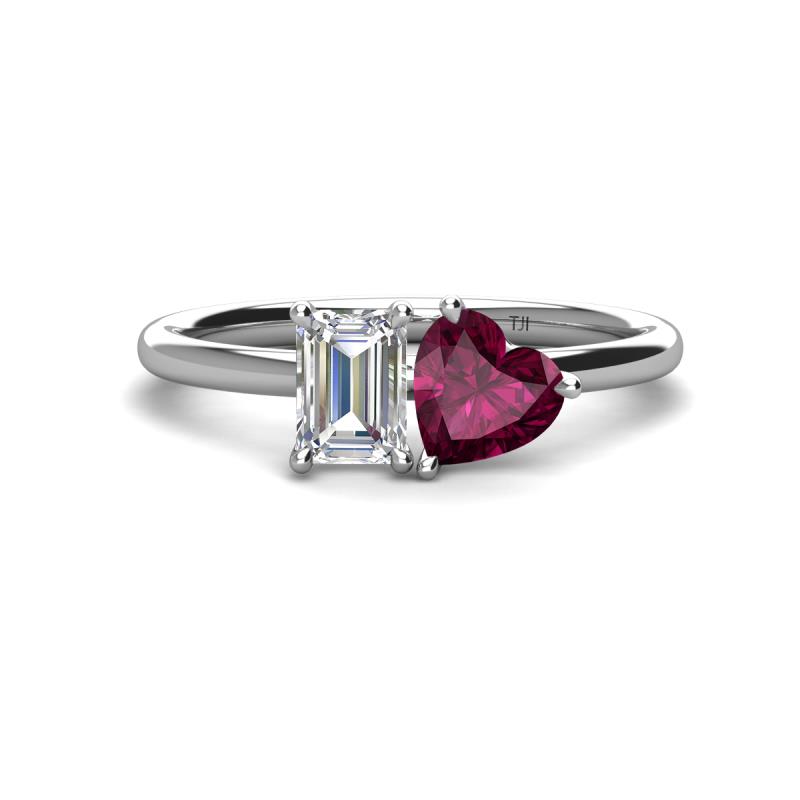 Esther GIA Certified Emerald Shape Diamond & Heart Shape Rhodolite Garnet 2 Stone Duo Ring 