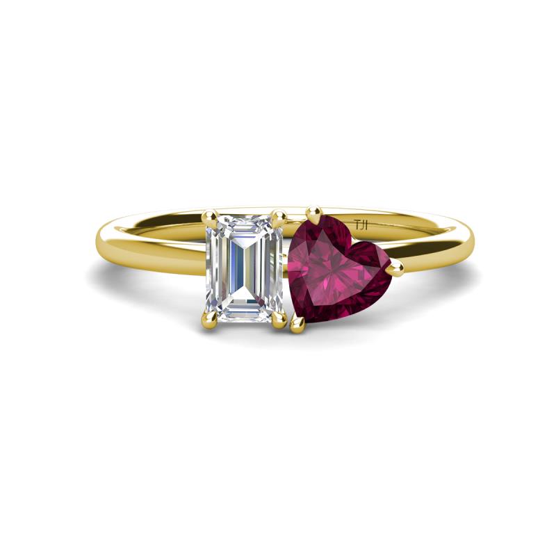 Esther GIA Certified Emerald Shape Diamond & Heart Shape Rhodolite Garnet 2 Stone Duo Ring 
